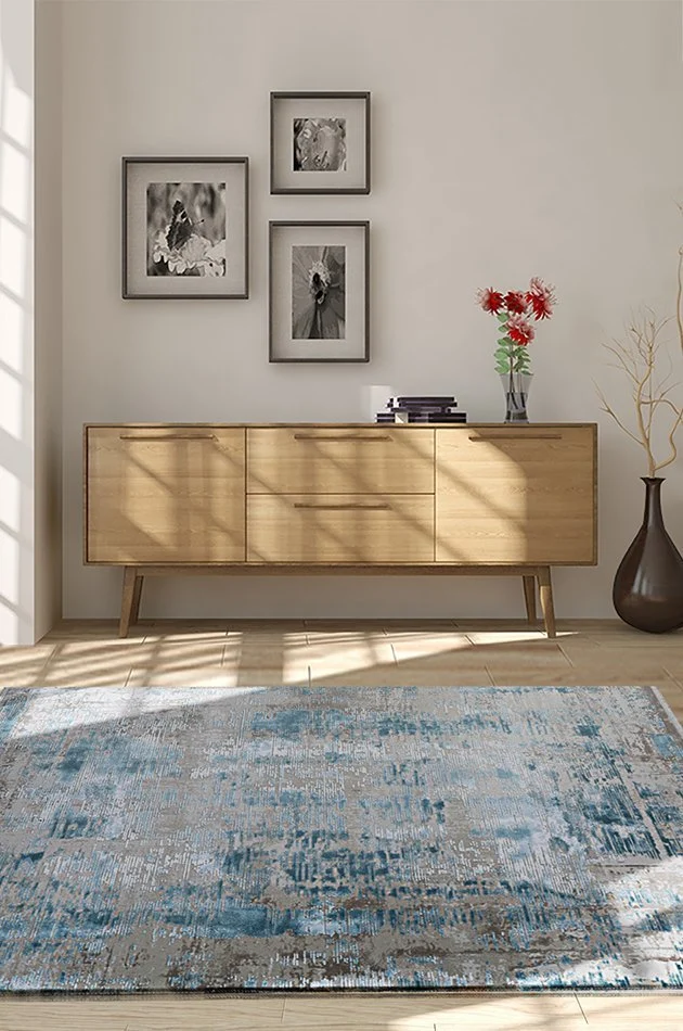 Deniz 8961 R Gri, Mavi Püsküllü Halı